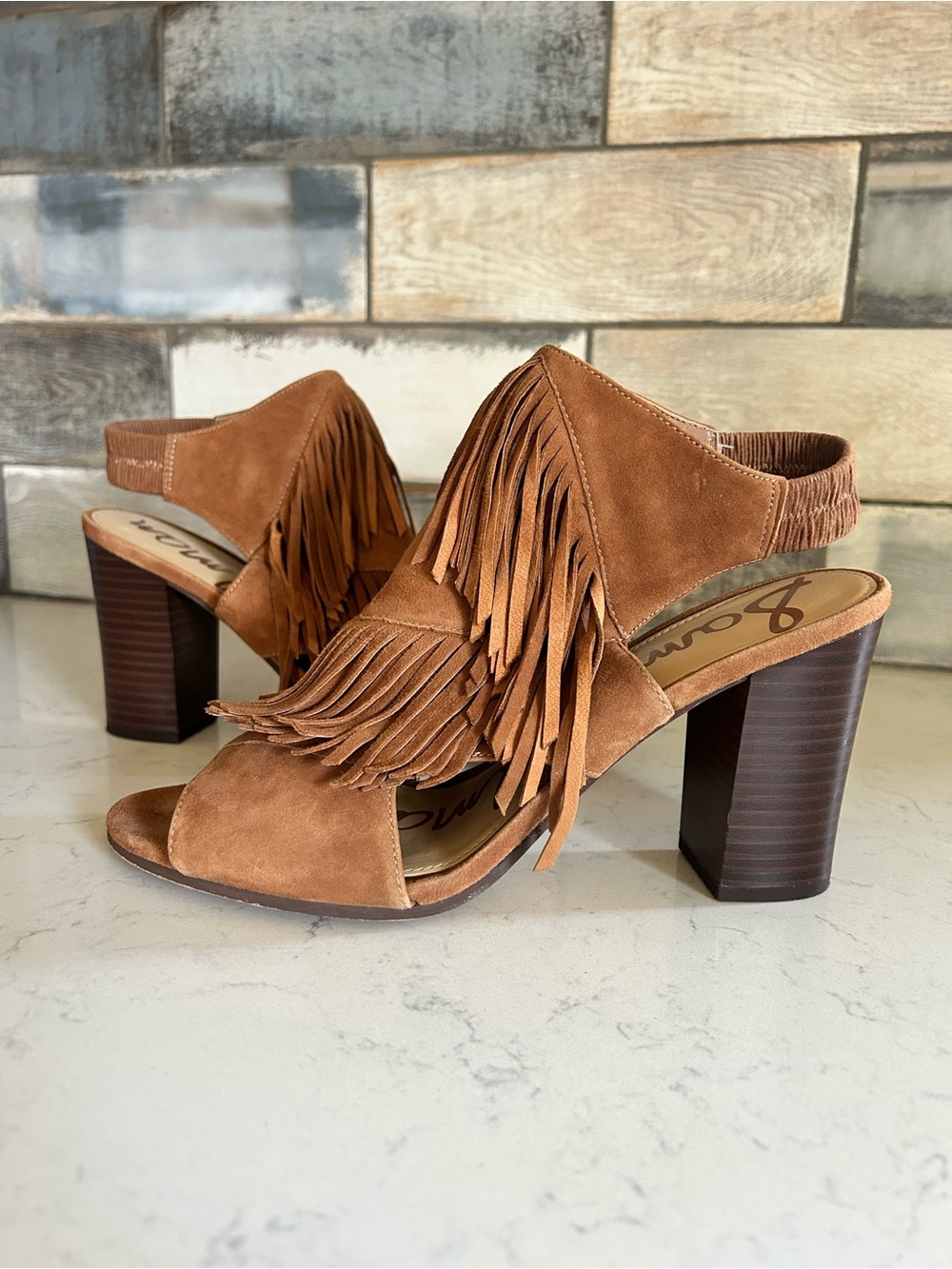 Sam Edelman Leather Brown Suede Fringe Block Heel Sandals